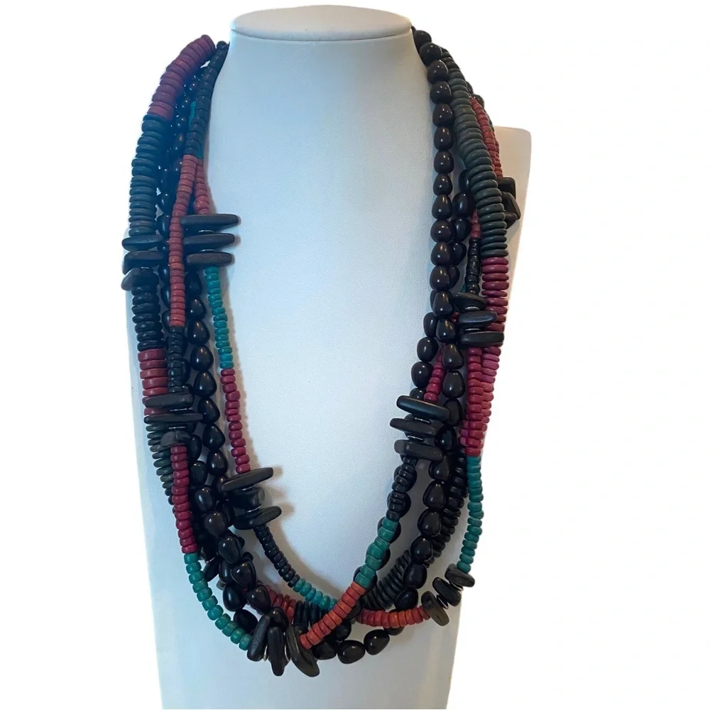 Wooden tribal multi strand multicolor necklace black red 11”